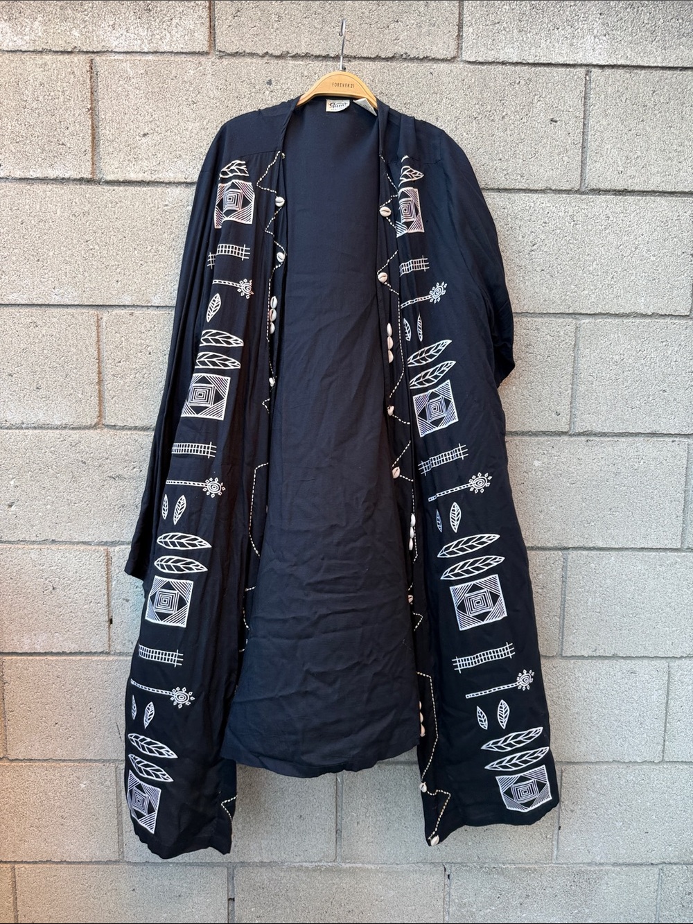 Hand-Embroidered Black with White Cardigan Geometric Accents